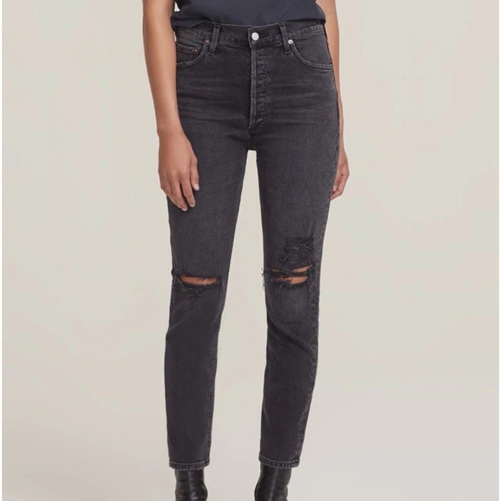 AGOLDE Nico Button-Fly High Rise Slim‎ Jean Black Gray Distressed Sz 26